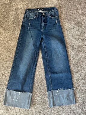 Vibrant Dark Blue Wide Leg Cuffed Jeans